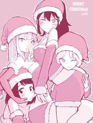 ass ass_grab bangs bent_over black_hair blonde_hair blunt_bangs breast_sucking clothing hat highres kaho_kusunoki kajino_(aosansai) katou_asuka long_hair looking_at_viewer multiple_girls narita_miho one_eye_closed ponytail santa_dress santa_hat sasaki_fuuka short_hair watashi_ga_motenai_no_wa_dou_kangaetemo_omaera_ga_warui! yuri