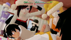 1boy 3d 4girls accidental_exposure black_hair blake_belladonna blonde_hair blue_eyes christmas christmas_clothing clothing dark_skin faunus female group hat human indoors kallenz light-skinned_female male multiple_females oscar_pine pale_skin penis penis_awe purple_eyes ruby_rose rwby santa_hat sisters source_filmmaker surprised_expression tagme team_rwby weiss_schnee yang_xiao_long