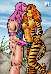 alpha_male breasts claws clint_barton closed_eyes erect_penis erection feline fingering furry furry_tail hawkeye holding interspecies leandro_comics leopard_print looking_at_partner male marvel marvel_comics mask masked masturbation muscular muscular_female orange_hair outdoor outdoors penis pussy smile smiling standing tail tigra