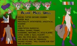 <3_eyes alvar_miles_udell animated anthro balls big_tail bio black_eyebrows blinking brown_background buckteeth eyebrows feet flat_chested fluffy fluffy_tail fur green_eyes grey_body grey_fur grin heart hi_res humanoid_feet humanoid_hands katastrophi licking licking_lips male male_only mammal model_sheet nude orange_body orange_fur painted_background penis profile purple_body purple_fur rodent sciurid simple_background smile snout solo solo_male teeth text_box tongue tongue_out tree tufted_ears white_belly white_body white_fur