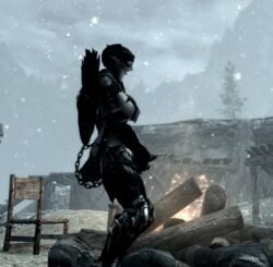 1futa bethesda_softworks bikini_armor dark_elf dunmer futa_only futanari grey_skin intersex large_breasts large_penis masked masturbation outdoor screencap sexlab sideboob skyrim snowing the_elder_scrolls