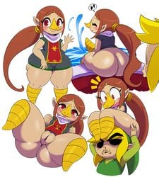 1boy 1girls ass ass_grab big_ass blonde_hair blush bottomless brown_hair carrying carrying_over_shoulder chubby clothing embarrassed female female_focus huge_ass link long_hair medli monster monster_girl multiple_views no_panties no_pants open_eyes pussy sssonic2 surprised the_legend_of_zelda the_wind_waker toon_link water wind_waker young younger_female