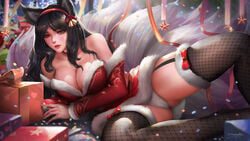 1girls ahri alternate_costume big_breasts breasts christmas cleavage female female_only large_breasts league_of_legends panties snowdown snowdown_showdown_series solo spread_legs thighhighs windwalker