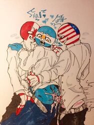 anal anal_sex argentina argentina_(countryhumans) belt blue_skin canada canada_(countryhumans) countryhumans crying cum cum_in_ass cum_inside drool gay gaytor male male_only threesome traditional_art united_states_of_america_(countryhumans) white_shirt white_skin