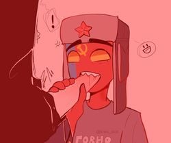 blood countryhumans gay gray_shirt grey_shirt holding_penis kiwii_skat oral oral_sex penis_biting russia_(countryhumans) russian_text sharp_teeth smile yaoi