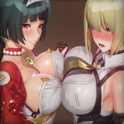 2girls 3d ai_assisted ai_generated animated astra_yao big_breasts blonde_female blonde_hair blush bouncing_breasts breast_press breasts choker cleavage confident dark_hair dress earrings evelyn_chevalier holding_hands hoyoverse large_breasts long_hair mihoyo open_mouth shiny_skin short_hair shy smile smug sound symmetrical_docking tagme tie video zenless_zone_zero