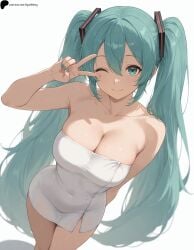 1girls ai_generated arm_behind_back armpit_crease bangs blue_eyes blue_hair breasts closed_mouth collarbone covered_navel female fingernails hair_between_eyes hair_ornament hatsune_miku hi_res high_quality high_resolution highres light looking_at_viewer nail_polish nose one_eye_closed opal_nemy patreon_logo patreon_url patreon_username plain_background self_upload shadow shiny shiny_hair shiny_skin simple_background smile solo standing thighs towel twintails v very_long_hair vocaloid watermark white_background white_towel