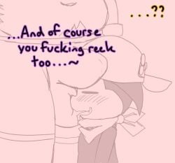 angoramon anthro bandai_namco baseball_cap belly blush bottomwear bulge bulge_lick bulge_nuzzling clothing digimon digimon_(species) duo english_text face_in_balls face_in_bulge hat headgear headwear hi_res impmon kerchief licking lxzylux male male/male navel neckerchief neckwear overweight shorts text tongue