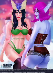 2girls alternate_costume ardham big_ass big_breasts crossover demon_hunter diablo elf heroes_of_the_storm large_ass large_breasts league_of_legends multiple_girls purple_skin sivir skin_tight snowdown_series snowstorm_sivir valla_(diablo) winter_helper_valla winter_wonderland_series