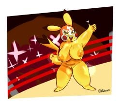 anthro areola big_breasts bodily_fluids breasts clothing cosplay_pikachu_(costume) dipstick_ears dipstick_tail ear_markings eyelashes female front_view fur generation_1_pokemon genitals gesture hand_gesture hi_res huge_breasts markings mask mask_only mckeyes multicolored_ears navel nintendo nipples nude orange_areola orange_nipples pikachu pikachu_libre pokemon pokemon_(species) solo sports_mask sportswear sweat tail tail_markings thick_thighs thumbs_up vulva white_eyes wide_hips wrestling_mask yellow_body yellow_fur