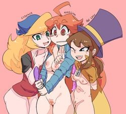 3girls a_hat_in_time aged_up areolae bard-bot blonde_hair blue_eyes bottomless breasts brown_hair cadence_(crypt_of_the_necrodancer) cadence_of_hyrule cape celeste_(game) crossover crypt_of_the_necrodancer dildo erect_nipples eyebrows_visible_through_hair female female_focus female_only green_eyes hat hat_adult hat_kid human innie_pussy jacket long_hair madeline_(celeste) multiple_girls naddi nipples nude older one_eye_closed open_clothes open_jacket orange_eyes orange_hair phone pubic_hair pussy sex_toy simple_background smile standing sweater thighs top_hat v v_sign vagina very_long_hair vibrator yuri