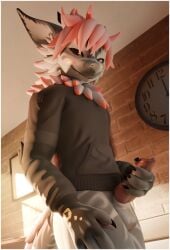 3d_(artwork) absurd_res anthro balls black_border blender_(artwork) border bottomless clothed clothing digital_media_(artwork) erection fur genitals grey_body grey_fur hi_res knot lill_esp male nardoragon paws penis presenting solo sweater topwear