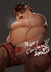 2019 anthro belly bodily_fluids brown_body brown_fur bulge christmas clothing cum drooling fur genital_fluids hi_res holidays humanoid_hands jmeo1230 male male_only mammal moobs nipples one_eye_closed overweight overweight_male penis_outline saliva sitting solo text tongue tongue_out underwear ursid wink