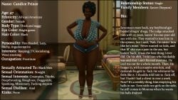 3d black_hair candice_prince(sim_doe) caption character_sheet curvy curvy_body curvy_female curvy_figure curvy_hips curvy_thighs dark_skinned dark_skinned_female english_subtitles english_text high_heels high_resolution mature mature_female mature_woman milf milf_body original_character original_characters revealing_clothes revealing_clothing revealing_outfit sagging_breasts saggy_breasts sim_doe text the_sims the_sims_4 thick thick_ass thick_hips thick_legs thick_lips thick_thighs