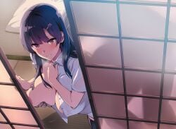 blush breasts cover covered_erect_nipples dark-skinned_male dark_skin erect_niples grope_from_behind huge_breasts large_breasts netorare official_art see-through_clothes see-through_shirt shadow_sex shirt smile sneaky sneaky_sex squeezing_tits stealth_sex takeda_hiromitsu white_shirt