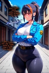 2026 2d 4k 4k_resolution ai_generated aigirl bicolored_hair black_pants blue_jacket detailed ecchi english_text hd hentai high_resolution highres japanese_neighborhood lewd neighborhood nsfw officer_uniform orange_eyes orange_text outside paurikai police police_uniform policewoman porn sex text thick thick_ass thick_butt thick_female thick_thighs uncensored watermark zenless_zone_zero zhu_yuan