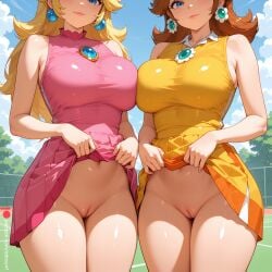 2girls ai_generated bare_shoulders big_breasts blonde_hair blue_eyes blue_sky breast_press breasts brown_hair closed_mouth clothes_lift day dress dress_lift earrings edosynf highres jewelry large_breasts legs_together lifted_by_self lips long_hair looking_at_viewer mario_(series) mario_tennis medium_hair multiple_girls naughty_face navel nintendo orange_dress outdoor_nudity outdoors pink_dress princess_daisy princess_peach pussies pussy self_upload sexually_suggestive shiny shiny_hair shiny_skin side-by-side sideboob sky sleeveless sleeveless_dress smile smirk standing stomach super_mario_galaxy take_your_pick tennis_court tennis_uniform thick_thighs thighs uncensored upskirt vagina vulvae yellow_dress
