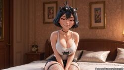 ahoge ai_generated bed bedroom black_choker black_clover black_hair breasts choker cleavage clock eyewear_on_head female fishnet_thighhighs fishnets hand_between_legs horns indoors large_breasts looking_at_viewer meitabuu on_bed photo_(object) pillow red_eyes secre_swallowtail short_hair short_shorts shorts sitting smile solo sunglasses thighhighs