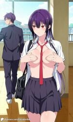 1boy 1girls ai_generated bag breasts breasts_out covered_nipples covering covering_breasts encoder exhibitionism exposed_breasts female haitekudasai_takamine-san indoors large_breasts long_hair male no_underwear open_clothes open_shirt outdoors public school school_bag school_uniform skirt takamine_takane tie uncensored walking white_shirt window