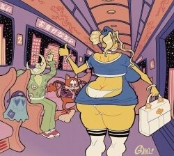 1girls ass ass_cleavage ass_crack ass_focus big_ass butt_crack female female_focus flight_attendant grin huge_ass huge_breasts mutedghoul87 oc original panties pantyshot stewardess_uniform surrealism thick_thighs train train_interior yellow_body yellow_skin