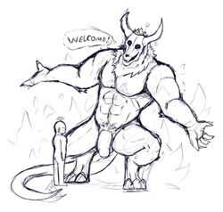 balls biceps big_muscles black_eyes bone closed_eyes demon dialogue faceless fingers fire flaccid foreskin furry hair heart hell hi_res horn human humanoid_penis long_tail male male_focus male_only mammal monochrome muscles muscular nude open_mouth penis pubic simple_background sketch skull uncircumcised uncut unknown_artist