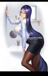 1girls bedroom_eyes big_breasts breasts cleavage dantewontdie fate/grand_order fate_(series) female female_only glasses large_breasts looking_at_viewer minamoto_no_raikou_(fate/grand_order) no_bra office office_lady pantyhose pencil_skirt profile purple_hair see-through_clothing sheer sheer_clothing slender solo teacher underboob very_long_hair white_shirt