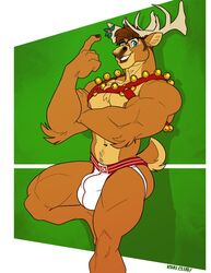 2019 abs anthro antlers ass bell biceps blue_eyes brown_hair bulge capreoline cervid clothed clothing hair harness horn jingle_bell jingle_bell_harness jockstrap kihu male male_only mammal mistletoe muscular muscular_male navel nipples pecs plant reindeer solo topless underwear