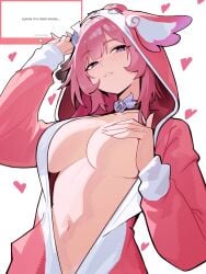 1girls alternate_costume animal_costume belly big_breasts breasts center_opening collarbone commentary cyrene_(demiurge)_(honkai:_star_rail) cyrene_(honkai:_star_rail) distr english_commentary fan_request female female_only flower grin hair_flower hair_ornament hand_on_own_chest heart heart_symbol highres holding_breast honkai:_star_rail honkai_(series) hoodie huge_breasts inner_sideboob large_breasts long_hair looking_at_viewer looking_down marshmallow_(site) mem_(honkai:_star_rail) mem_onesie navel ninra onesie parted_lips pink_eyes pink_hair pink_onesie purple_eyes sideboob simple_background smile solo symbol-shaped_pupils teasing upper_body white_background