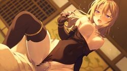 1boy black_gloves black_legwear blonde_hair blurry blurry_background bouncing_breasts breasts breasts_out censored covered_navel cowgirl_position depth_of_field dutch_angle elbow_gloves female fingerless_gloves game_cg gloves highres kinta_(distortion) leotard leotard_aside long_hair medium_breasts mosaic_censoring nipples open_mouth pov pov_eye_contact purple_eyes sengoku_hime_7 sex solo_focus straddling straight sweat thighhighs vaginal_penetration