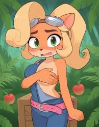 5_fingers activision ai_generated anthro bandicoot belt black_nose blonde_hair box breasts clothing coco_bandicoot container countershade_face countershade_torso countershading covering covering_breasts covering_own_breast crash_(series) crate embarrassed embarrassed_nude_female enf eyewear eyewear_on_head fangs female fingers fur goggles goggles_on_head green_eyes hair hand_on_breast hand_on_own_breast hi_res looking_at_viewer mammal marsupial medium_breasts no_bra one_breast_out open_mouth orange_body orange_fur orange_skin outside overalls plant solo standing tan_body tan_countershading tan_skin teeth tree