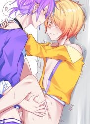 project_sekai tenma_tsukasa kamishiro_rui holding holding_partner holding_shoulder clothing clothed clothed_sex holding_legs lifting_person lifting lifting_partner lifting_legs dripping dripping_cum dripping_semen looking_down 2boys male male/male thrusting_forward yaoi gay_sex gay tremble_spikes blonde_hair blonde-haired_male purple_hair yellow_eyes purple_hair_male semi_nude