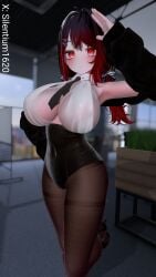 1girls armpits breasts female gradient_hair hand_up inner_sideboob large_breasts leotard looking_at_viewer office office_lady pantyhose silentium1620 silya tagme tie vrchat vrchat_avatar