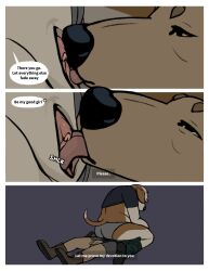 beagle belly_rolls black_clothing black_shirt black_t-shirt black_topwear bondage boots border bottomwear bound brown_body brown_boots brown_clothing brown_footwear brown_fur canid canine canis clitoral_hood clitoris clothing clothing_aside comic cunnilingus domestic_dog dominant dominant_female duo english_text female female/female footwear fur genitals green_bottomwear green_clothing green_pants grey_clothing grey_panties grey_underwear hi_res hunting_dog improvised_bondage inner_monologue jo_(oystr) kneeling kneeling_on_ground lily_(oystr) mammal multicolored_body multicolored_fur onomatopoeia oral oystr panties panties_aside pants plump_labia scent_hound sex shirt shoes sighthound simple_background slightly_chubby slightly_chubby_female sound_effects speech_bubble t-shirt text thinking topwear two_tone_body two_tone_fur underwear underwear_aside vaginal_penetration vulva white_body white_border white_fur yellow_eyes