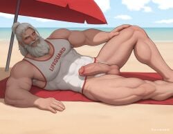 1boy 2d ai_assisted ai_generated balls bara beach beach_towel beach_umbrella beard blind_eye bottomless detailed_background erection_under_clothes erection_under_clothing human lifeguard long_beard long_hair looking_at_viewer lying male male_focus male_only male_pubic_hair mature_male muscular muscular_male older_male on_side outdoors overwatch penis penis_outline reinhardt reinhardt_(overwatch) reinhardt_wilhelm scar_across_eye solo tank_top testicles thick_things thumosx veiny_penis white_hair