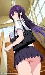 1girls ai_generated ass bag bottom_view breasts covered_nipples encoder female haitekudasai_takamine-san indoors large_breasts long_hair no_panties no_underwear outdoors public pussy school school_bag school_uniform skirt stairs takamine_takane tie uncensored vagina white_shirt window