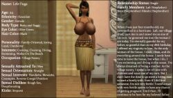 3d big_breasts black_hair busty busty_female caption character_sheet coconut_bra english_dialogue english_subtitles english_text hawaiian hawaiian_female high_resolution lele_fuga(sim_doe) original_character sagging_breasts saggy_breasts sim_doe speech_bubble text text_bubble the_sims the_sims_4