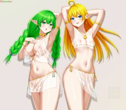 2girls :d :o absurdres ahoge areola_slip arm_behind_back arm_behind_head arm_up armlet armpits arms_behind_head arms_up artist_name ass bare_shoulders belly_dancer bikini blonde_hair blue_eyes blush bracelet braid breasts cleavage commission commissioner_upload covered_erect_nipples covered_nipples cowboy_shot dancer earrings elf euphemy_sylvaine flat_chest gold_choker green_eyes green_hair grey_background harem_outfit highres jewelry large_breasts legs long_hair looking_at_viewer lori_hagami lotte_farona midriff multiple_girls navel neck_ring necklace nipples official_art open-mouth_smile open_mouth panties patreon_username pointy_ears presenting_armpit qr_code revealing_clothes see-through_clothes simple_background small_breasts smile stomach swimsuit thick_thighs thighs twin_braids underwear username wardrobe_malfunction ways_of_darkness_(series) white_bikini white_panties white_underwear