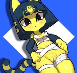 1girls abs alternate_breast_size animal_crossing ankha anthro bandages breasts daivijohn eye_contact felid feline felis female fur furry furry_only looking_at_viewer mostly_nude naked nintendo nude pussy small_breasts tail wide_hips