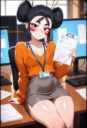 ai_generated arm_support blurry_background blush border bra bra_strap_slip bra_visible_through_clothes brawl_stars breasts clothed female kaze_(brawl_stars) medium_breasts only_female solo solo_female