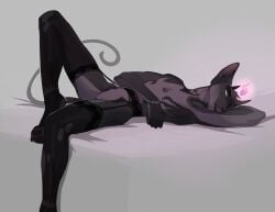 1_horn andromorph anthro barely_visible_genitalia bedroom_eyes clitoral_hood clitoris clothed clothing digitigrade drmax dungeons_and_dragons felid garter_belt garter_straps genitals grey_markings hasbro hi_res horn intersex legwear looking_at_viewer lying mammal markings narrowed_eyes on_back partially_clothed riddle_(tabaxienthusiast) seductive solo tabaxi tail thigh_highs vulva whiskers wizards_of_the_coast