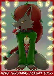 1boy 2019 aiden_laninga animal_genitalia animal_penis bow candy candy_cane canine_penis christmas food hi_res holidays male nintendo original_character penis pokémon_(species) pokemon pokemon_(species) pokemon_bw pokemon_mystery_dungeon reallydarkandwindie seductive ugly_sweater video_games wanderlust zoroark