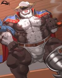 2019 5_fingers ahab_(tokyo_afterschool_summoners) amputee beard belt body_hair bovid bovine brown_body brown_fur bulge chest_hair clothing coat_cape disability facial_hair fingers flaccid fur furry hi_res holding_pipe horn humanoid_hands male male_only mammal muscular muscular_male nipples reclamon scar signature smoking_pipe solo solo_male tokyo_afterschool_summoners true_buffalo underwear video_games water_buffalo