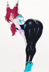 ai_generated bending_over butt_focus curvy_figure female female_only league_of_legends marvel prussia123 rear_view sexy solo_focus spider-gwen_(cosplay) teasing tight_clothing tippy_toes vastaya xayah