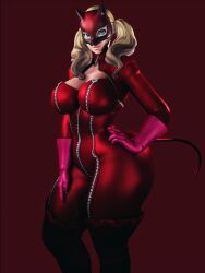 1girls 3d 3d_(artwork) ann_takamaki big_ass big_breasts blonde_hair blue_eyes bodysuit boots breasts cleavage gloves icyshadowx large_breasts looking_at_viewer mask persona persona_5 pink_gloves smile solo tagme tail thigh_boots twintails unzipped zipper