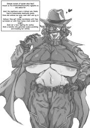1girls areolae big_breasts coat darkbiom english_text fedora female_focus gloves gray_hair grey_skin marvel marvel_comics mask peter_parker rule_63 sharp_teeth solo_female spider-man:_into_the_spider-verse spider-man_noir sweat tongue_out