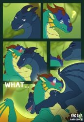 absurd_res comic comic_panel deathbringer_(wof) dialogue dragon duo english_text female feral glory_(wof) green_body green_scales hi_res hug male male/female mythological_creature mythological_scalie mythology nightwing_(wof) rainwing_(wof) scales scalie slo1ka text wings_of_fire