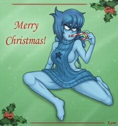 1girls artist_name bare_arms bare_legs bare_shoulders barefoot bimbo blue_eyes blue_hair blue_skin blue_sweater blush breasts candy candy_cane christmas color eyebrows female female_only gem_(species) green_background kamikamatayan lapis_lazuli_(steven_universe) medium_breasts medium_hair merry_christmas mistletoe naked_sweater sideboob simple_background solo solo_female steven_universe sweater virgin_killer_sweater