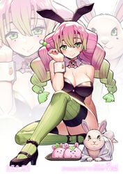 alternate_costume big_breasts blush braided_hair bunny_ears bunnysuit curvaceous curvy curvy_figure demon_slayer female female_only green_eyes high_heels kanroji_mitsuri kimetsu_no_yaiba looking_at_viewer mole_under_eye pink_hair rabbit seductive seductive_look seductive_smile siriuflong sitting smile thighhighs two_tone_hair