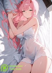 ai_generated bed big_breasts darling_in_the_franxx green_eyes laying_on_bed massive_breasts pink_hair sleeping source_request zero_two_(darling_in_the_franxx)