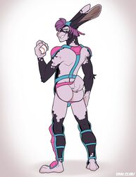 2019 5_fingers anthro ass ball baseball_(ball) clothing fingers hair hat headgear headwear jockstrap kihu lagomorph leporid male male_only mammal perineum purple_hair rabbit rear_view solo underwear